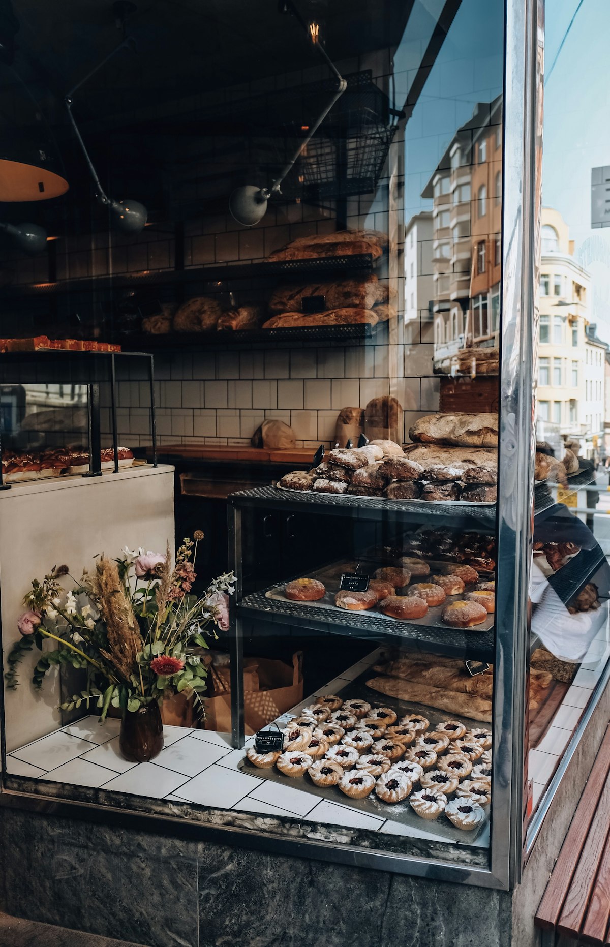 Bakery display of fresh bread and pastries